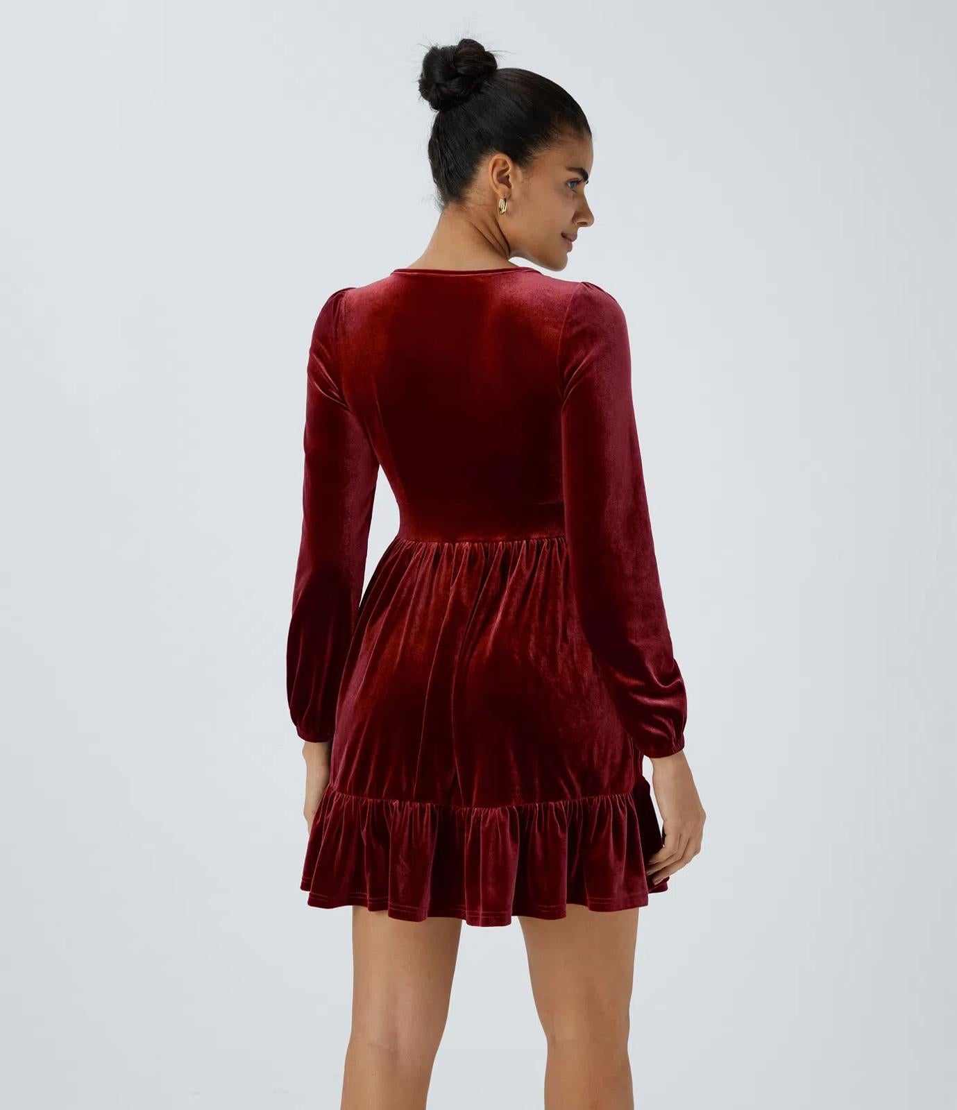 NWT Halara Deep V Neck Long Sleeve Ruffle Hem Velvet Mini Chill Dress Sangria XS
