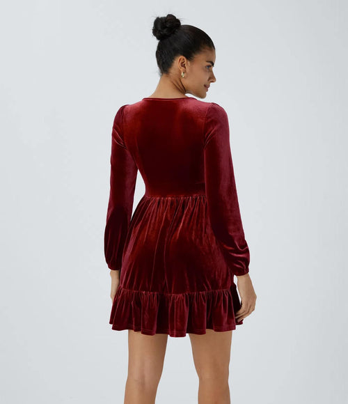 NWT Halara Deep V Neck Long Sleeve Ruffle Hem Velvet Mini Chill Dress Sangria XS
