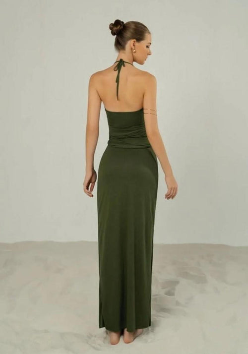 Atelier Olive Green Maxi Dress with Tie Detail Size M