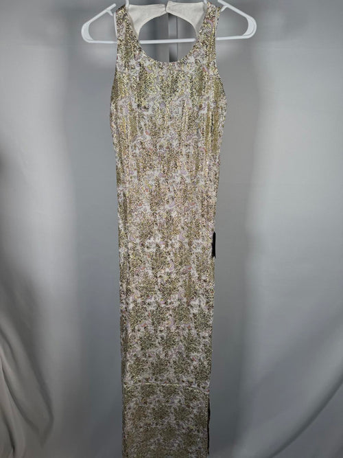 NWT Lulus White and Gold Floral Print Tie-Back Midi Dress Size Small
