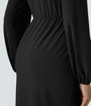 NWT Halara V Neck Long Sleeve Tulip Hem Midi Dress Black Size S