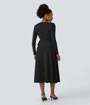 NWT HalaraDeep V Neck Long Sleeve Wrapped Tie Side Midi Casual Dress Black S