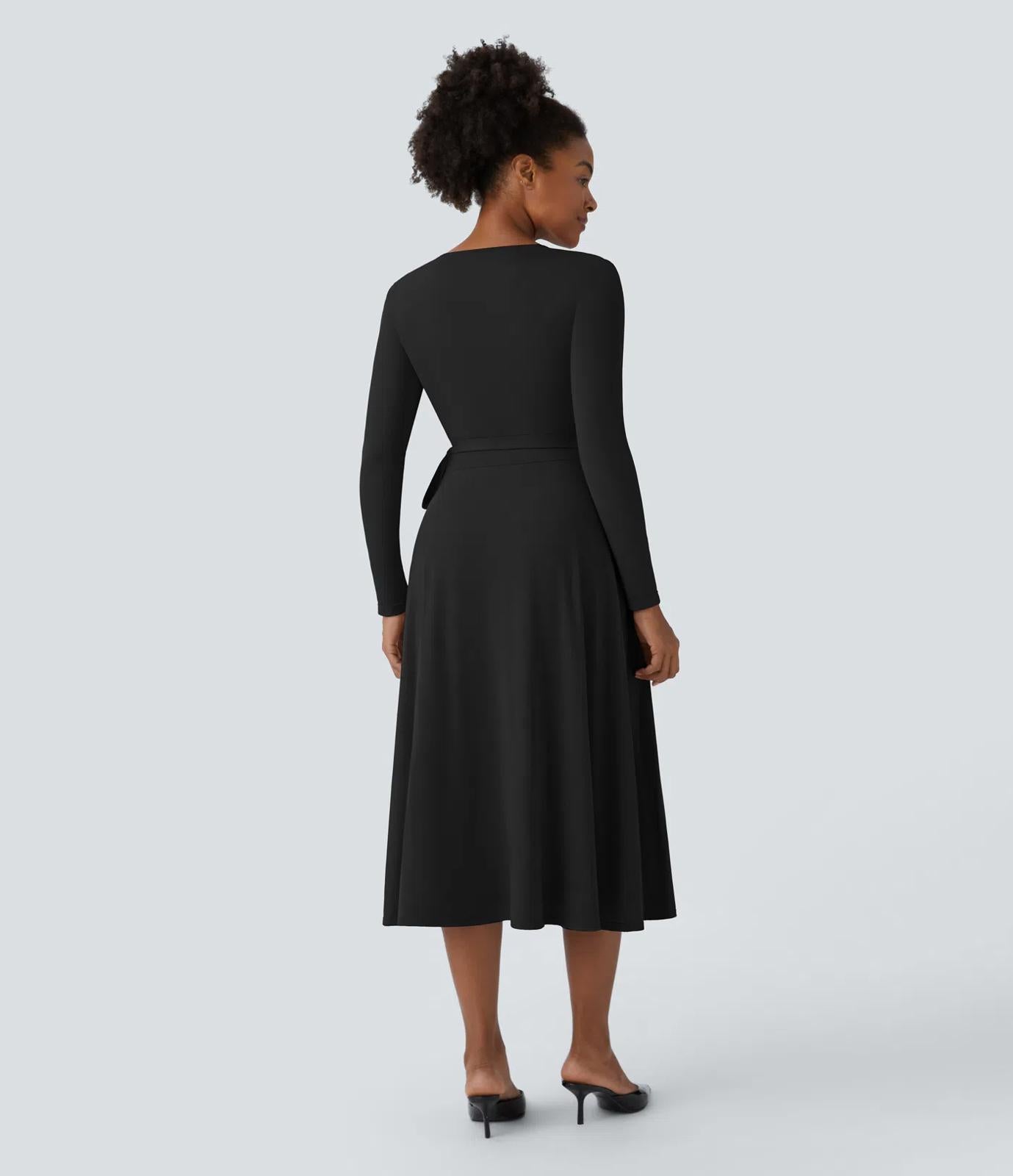 NWT HalaraDeep V Neck Long Sleeve Wrapped Tie Side Midi Casual Dress Black S