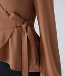 NWT Halara Shawl Collar Wrapped Tie Side Ruffle Hem Work Blouse Rust Red - Large