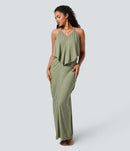 NWT Halara V Neck Tie Back Ruched Maxi Slip Dress Light Green Floral Yarn L