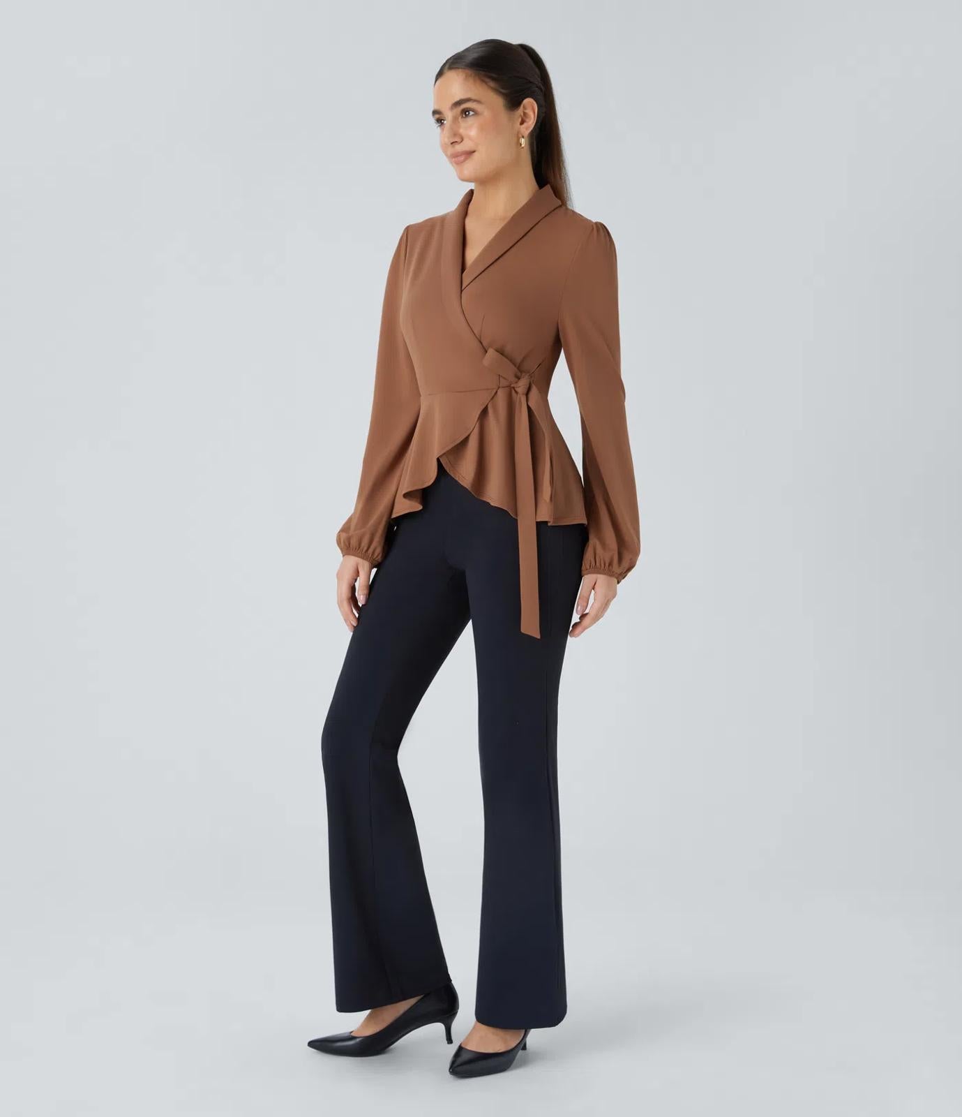 NWT Halara Shawl Collar Wrapped Tie Side Ruffle Hem Work Blouse Rust Red - Large