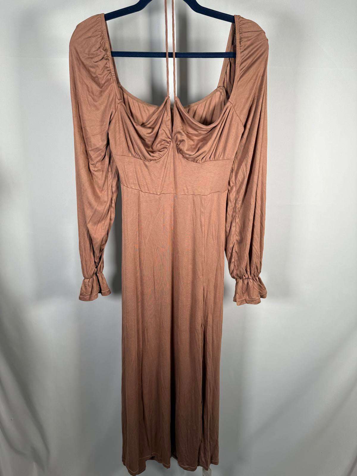 NWT Halara Square Neck Tie Front Flounce Long Sleeve Hem Midi Dress Beaver Fur M