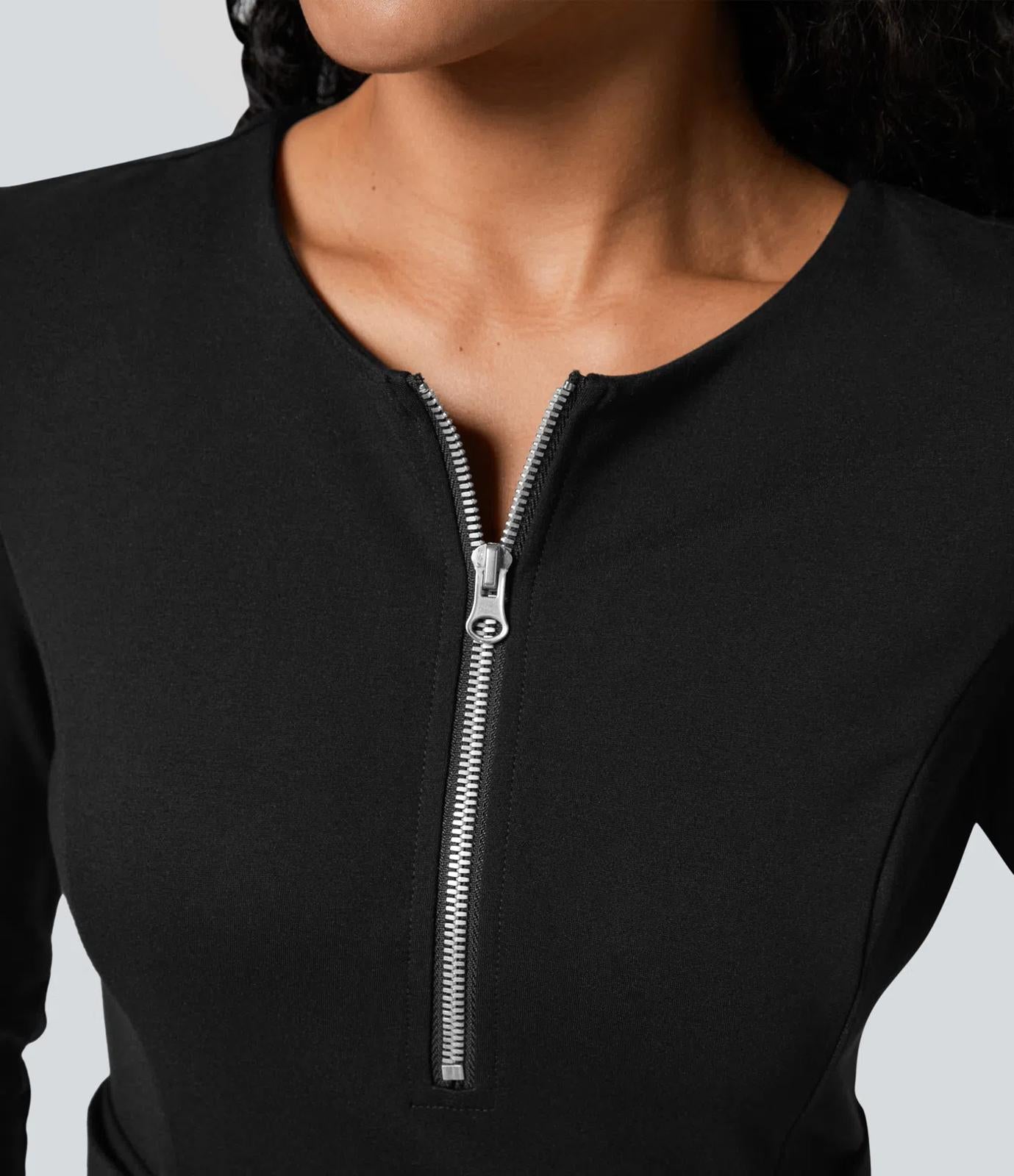 NWT Halara Round Neck Zipper Belted Pocket Midi Fit Work Dress - Size XL