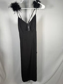 NWT Lulus Exquisite Invite Black Satin Feather Backless Midi Size XS