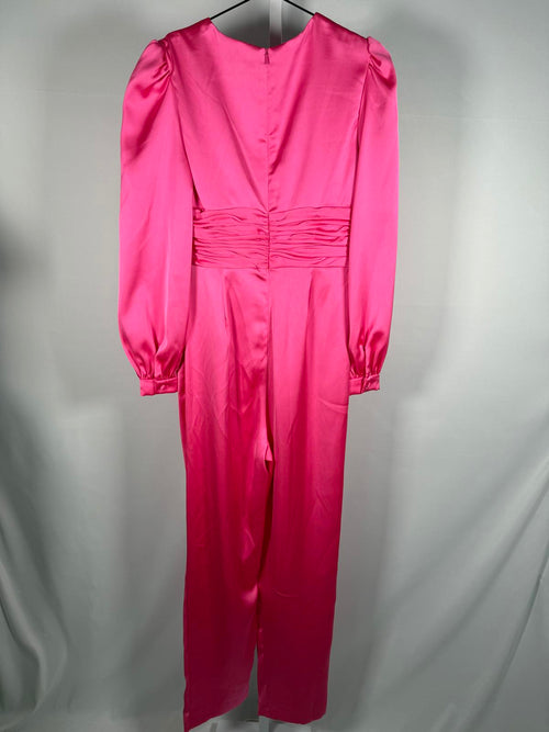 NWT Mac Duggal Pink Front Twist Puff Sleeve Deep V Jumpsuit Size 2