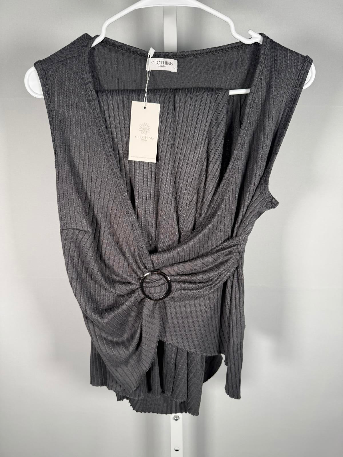 Atelier Women's Wrap Dark Gray Sleeveless Ribbed Knit with Ring Detail Size M