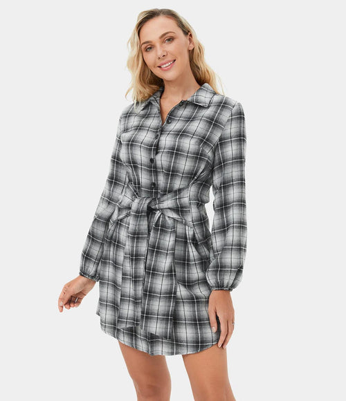 NWT Halara Tie Front Long Sleeve Plaid Mini Casual Dress Graphite White Plaid S