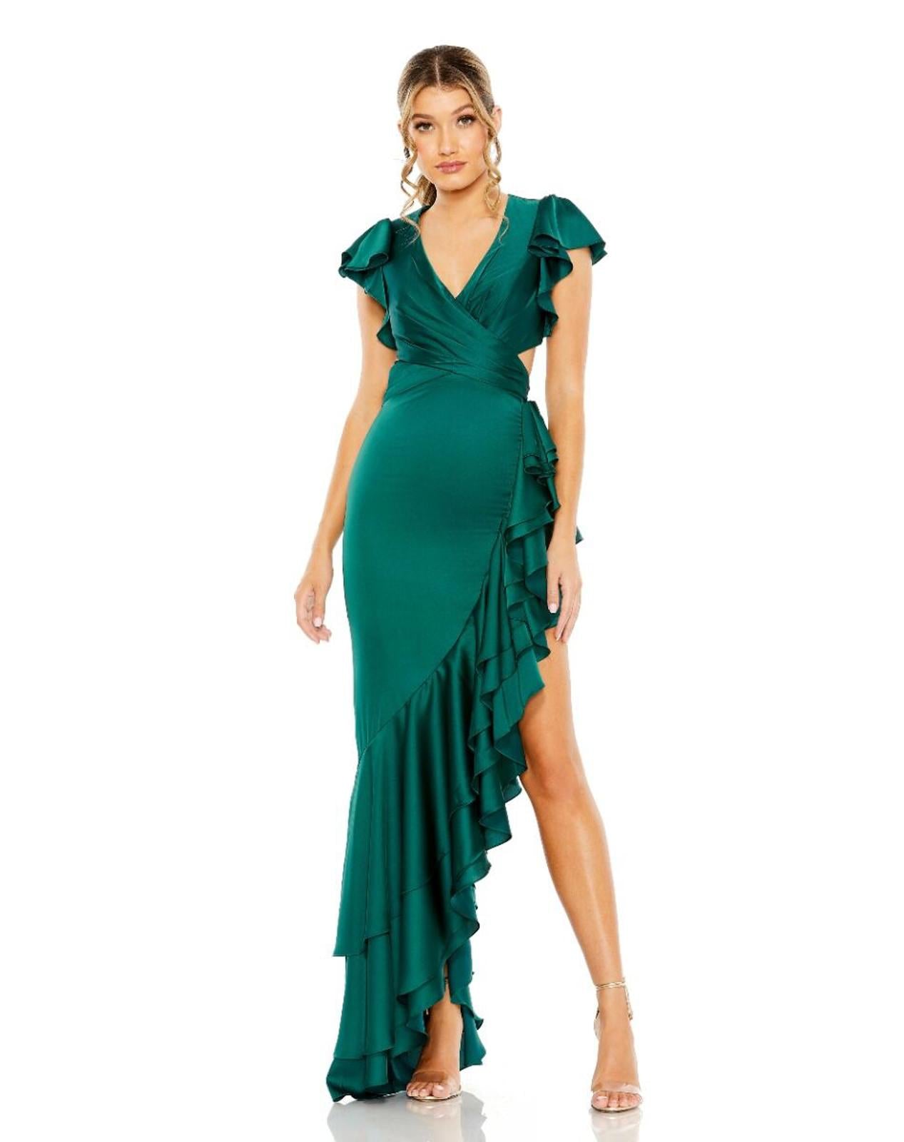 NWT Mac Duggal Green Asymmetrical Ruffle Dress Size 4