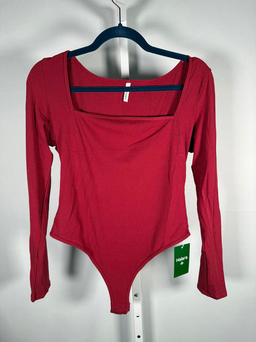 NWT Halara Ribbed Knit Square Neck Long Sleeve Skinny Bodysuit Ruby Wine L