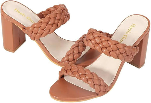 Heels Charm Women's Woven Chunky Block Heeled Sandal Brown, Size 9 NWT