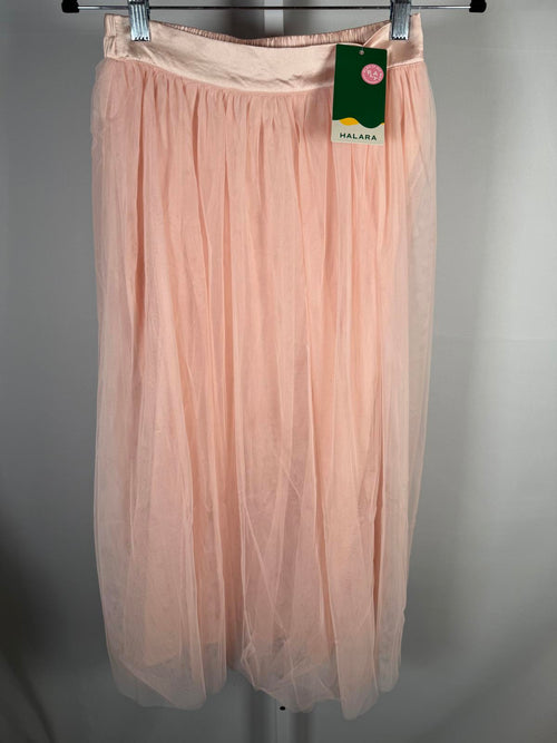 NWT Halara High Waisted Mesh Overlay Flowy Flare Midi Casual Skirt Cream Tan XS