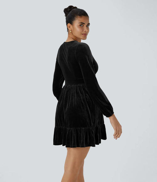 NWT Halara Deep V Neck Long Sleeve Ruffled Hem Velvet Mini Chill Dress Black Large