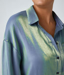 NWT Halara Pocket High Low Curved Hem Shine Oversize Work Shirt Troposphere XS