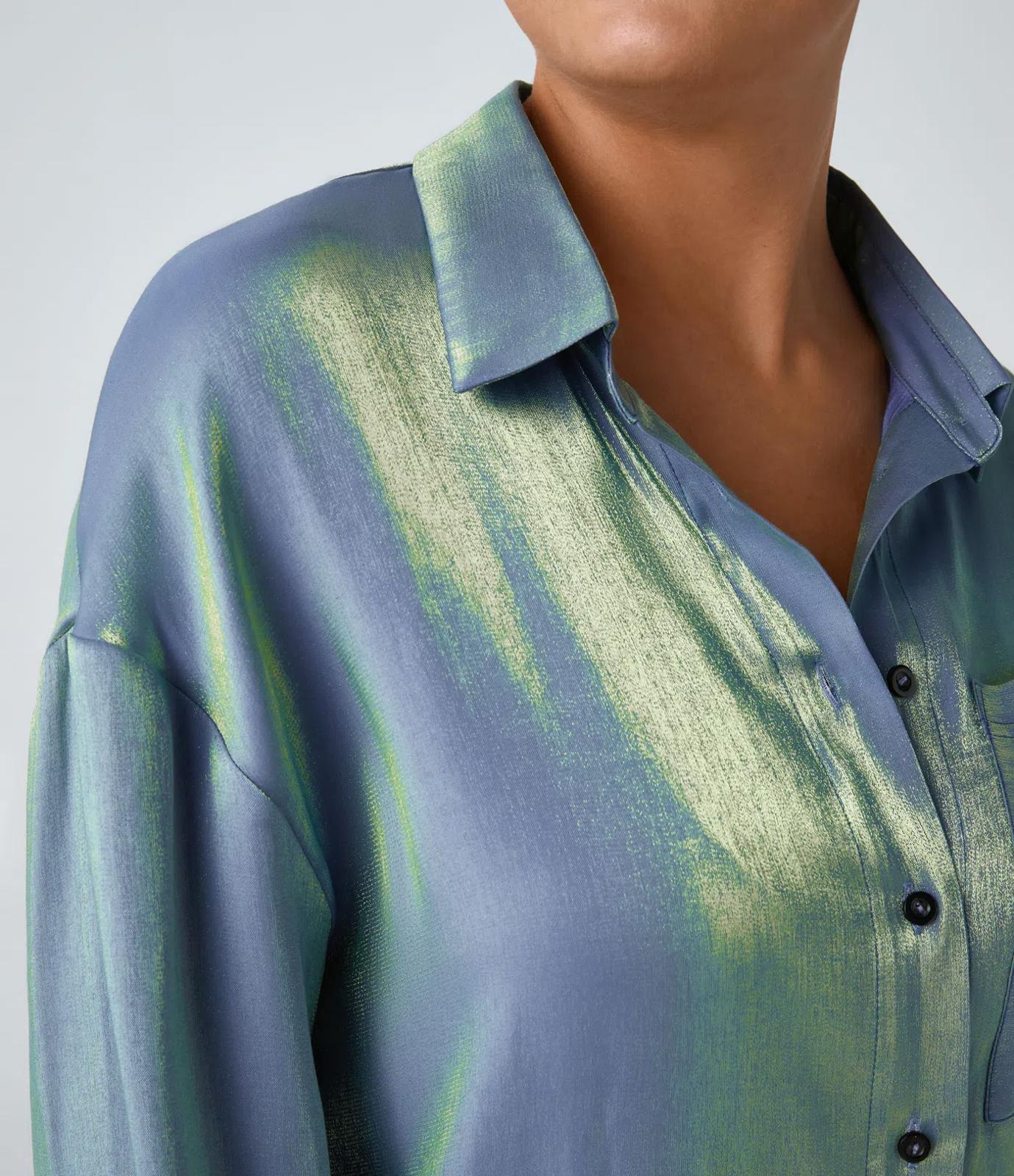 NWT Halara Pocket High Low Curved Hem Shine Oversize Work Shirt Troposphere XS