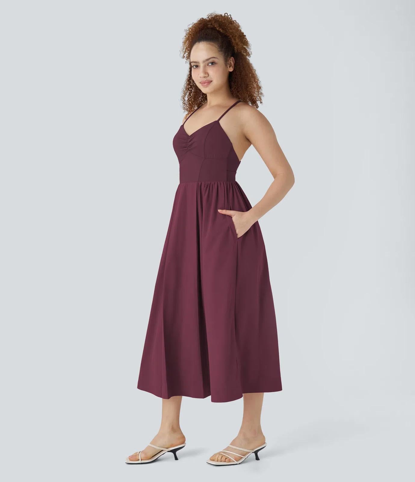 NWT Halara Adjustable Strap Backless Ruched Side Pocket Dress Amaranth M