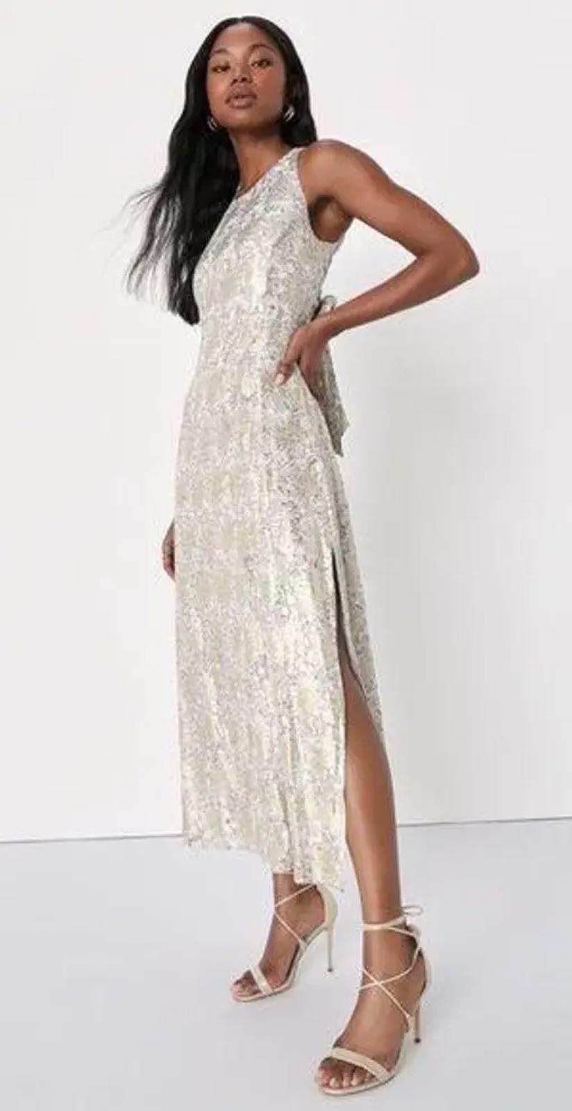 NWT Lulus White and Gold Floral Print Tie-Back Midi Dress Size Small