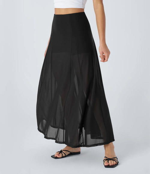 NWT Halara High Waisted Sheer Mesh 2-in-1 Maxi Casual Flare Skirt Black S