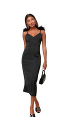 NWT Lulus Exquisite Invite Black Satin Feather Backless Midi Size XS
