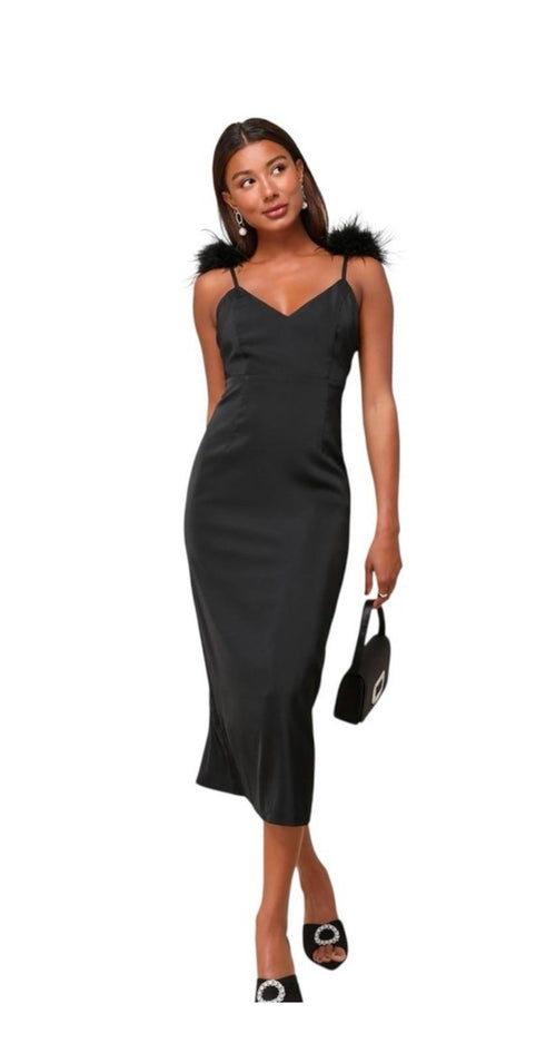 NWT Lulus Exquisite Invite Black Satin Feather Backless Midi Size XS