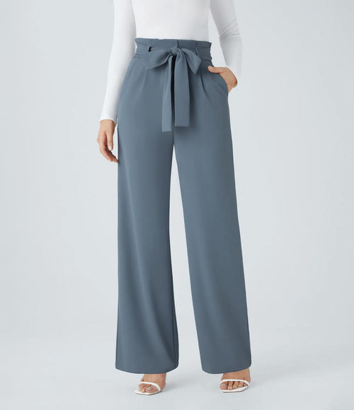 NWT Halara High Waisted Belted Pocket Wide Leg Work Pants Deep Sea Gray Blue XL