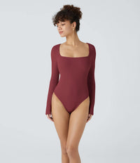 NWT Halara Ribbed Knit Square Neck Long Sleeve Skinny Bodysuit Ruby Wine L
