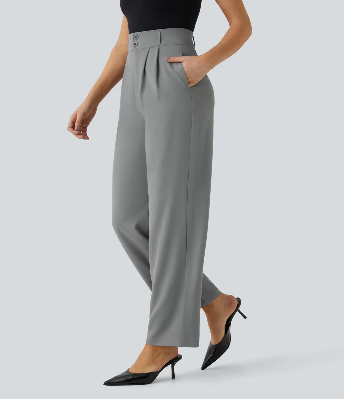 NWT Halara High Waisted Pocket Shirred Straight Leg Work Pant Gray Size M Petite