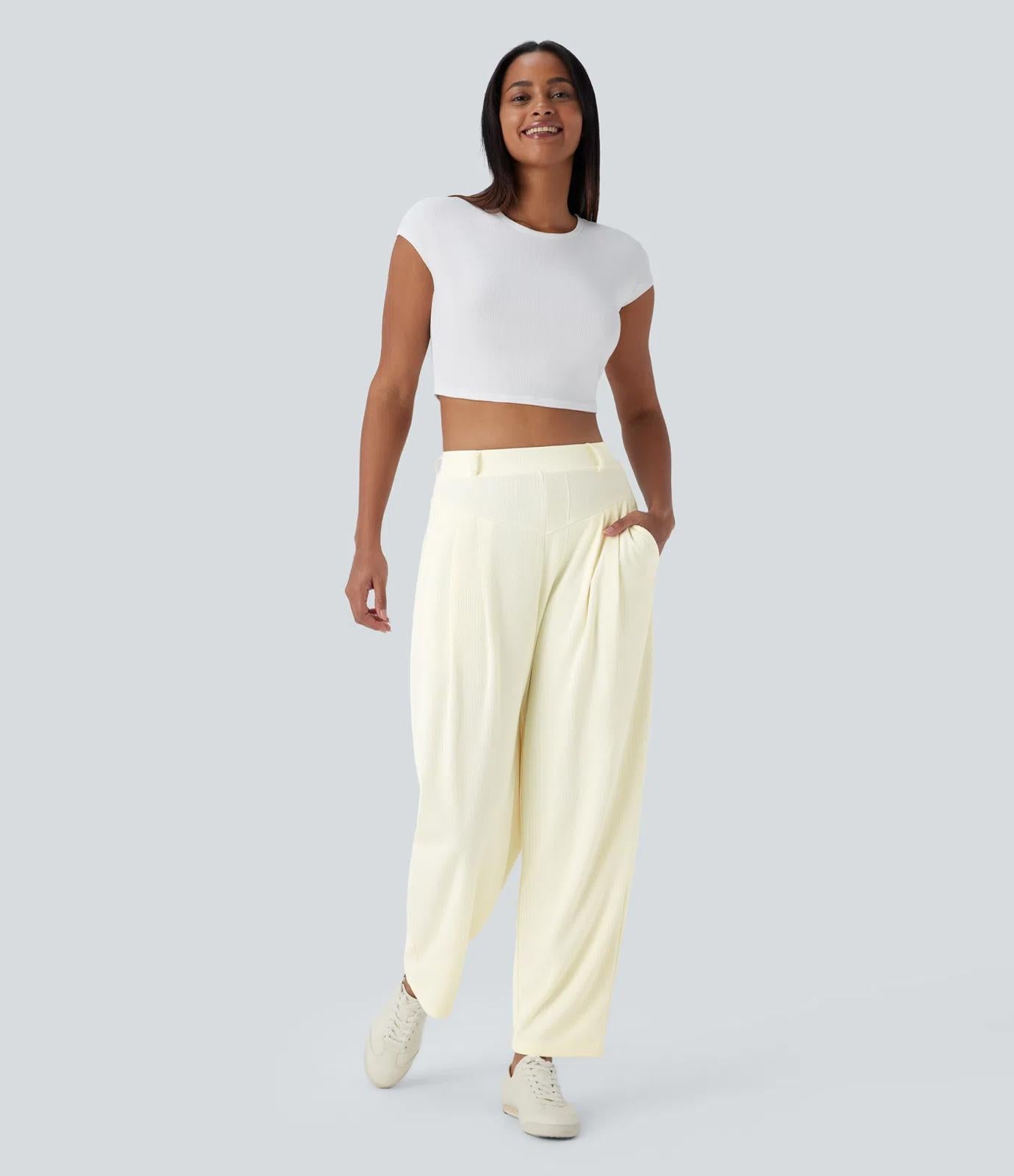 NWT Halara Ribbed High Waisted Pocket Barrel Leg Work Pants Size Large