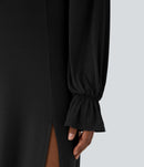 NWT Halara Square Neck Drawstring Tie Front Flounce Long Sleeve Dress Black S