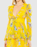 NWT Mac Duggal Yellow Floral Print Puff Sleeve Ruffled Mini Dress Size 4