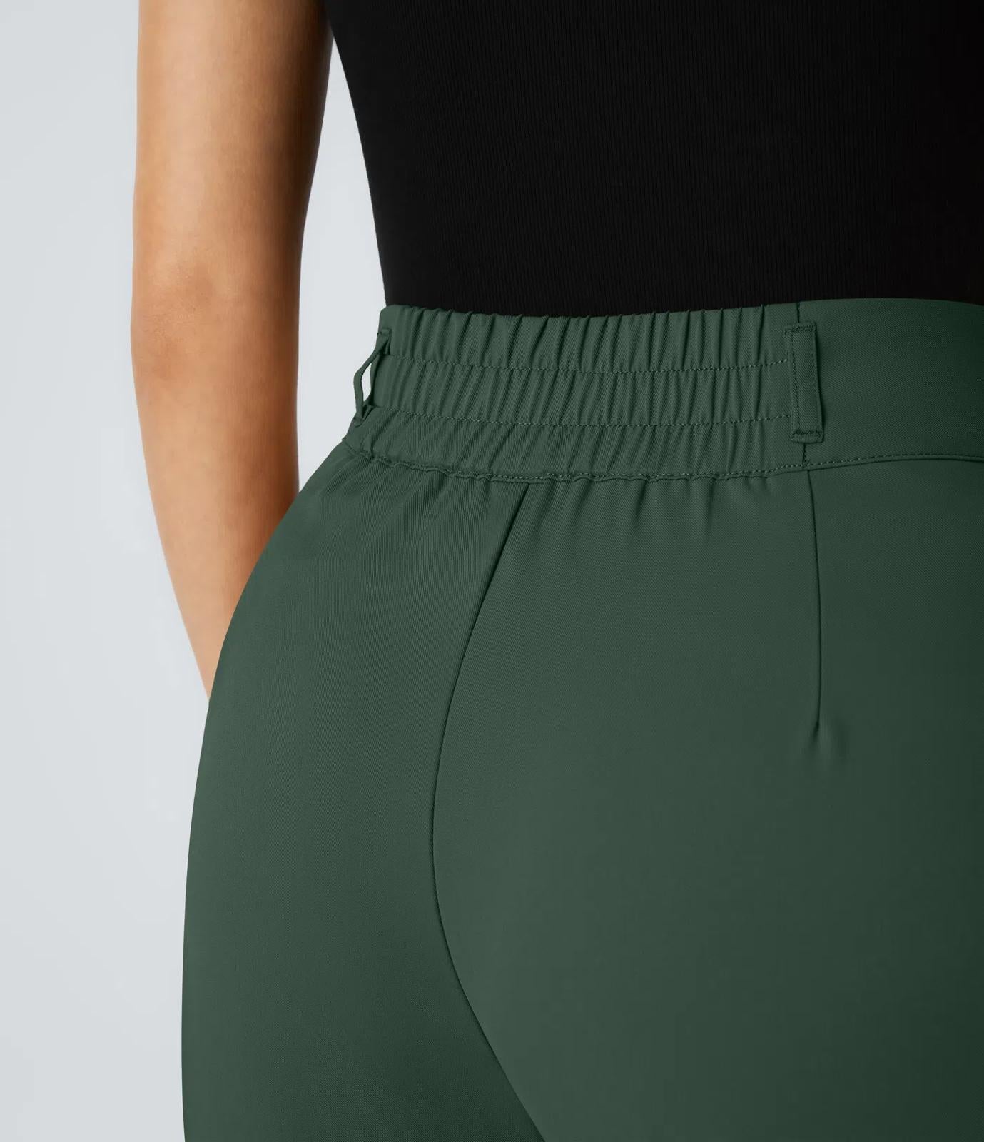 NWT Halara High Waisted Shirred Straight Leg Work Pants Dark Green M Petite