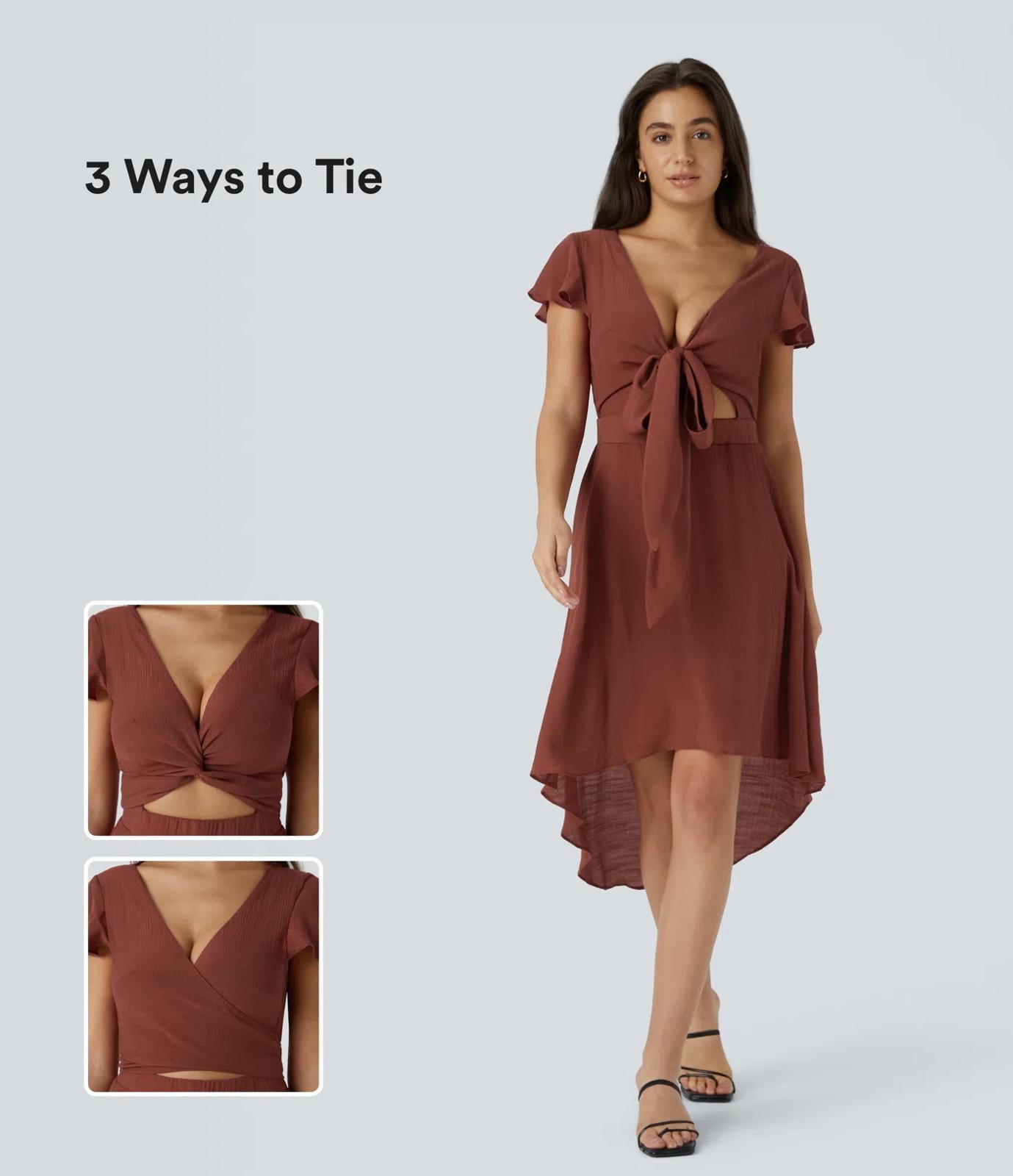 NWT Halara V Neck Tie Front & Back Cut Out High Low Flowy Midi Brandy Snifter XS