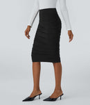 NWT Halara High Waisted Ruched Midi Bodycon Casual Skirt Black L