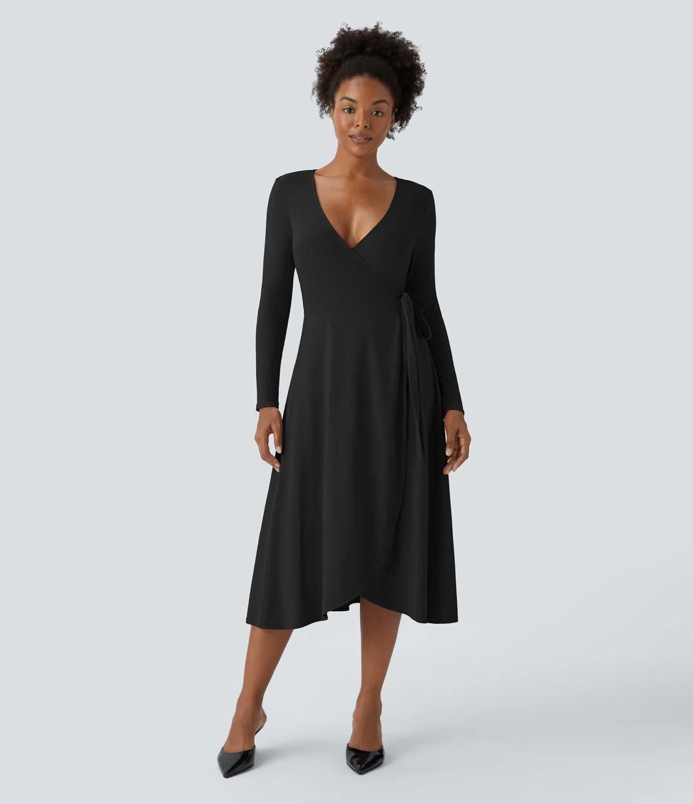 NWT HalaraDeep V Neck Long Sleeve Wrapped Tie Side Midi Casual Dress Black S