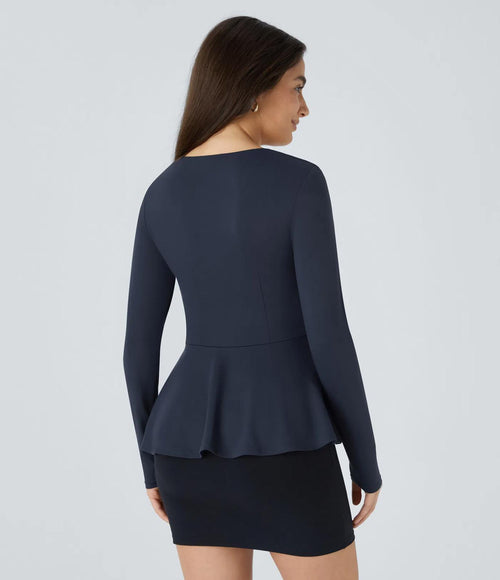 NWT Halara Square Neck Long Sleeve Ruffle Hem Work Top Dark Sapphire M