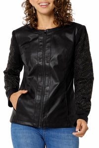 NWT Colleen Lopez Black Beaded Mesh Sleeve Faux Leather Moto Jacket Size Medium
