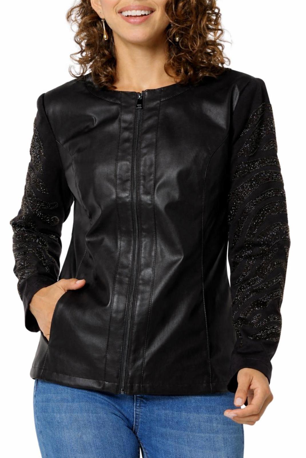 NWT Colleen Lopez Black Beaded Mesh Sleeve Faux Leather Moto Jacket Size Small