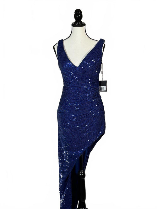 NWT Mac Duggal Blue Sequin Faux Wrap Formal Gown Asymmetrical Hem Size 4