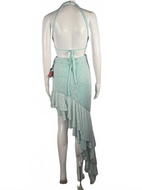 MAC DUGGAL Sequined Halter Cut Out Ruffle Asymmetrical Dress Size 4