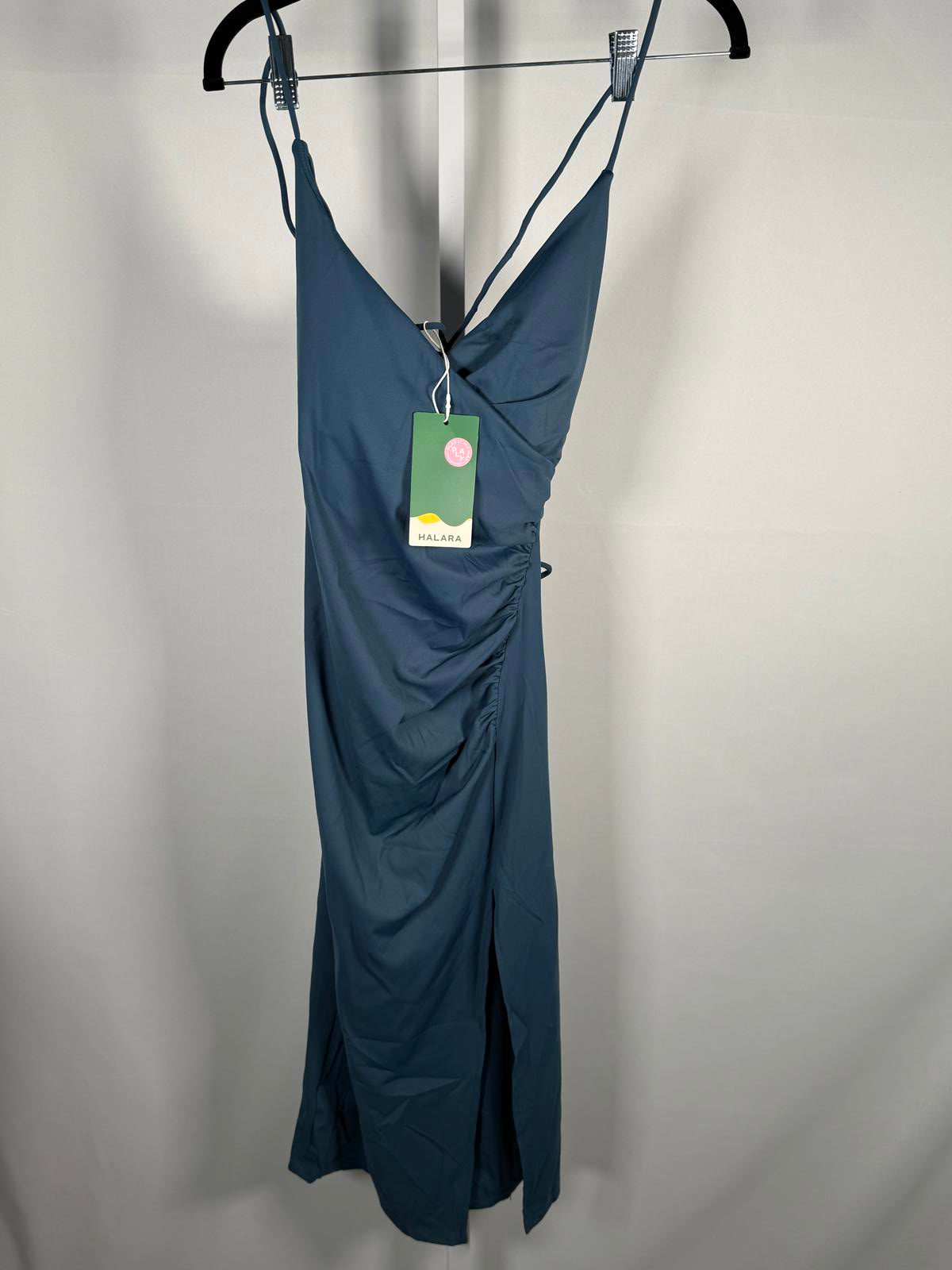 NWT Halara SoftlyZero Airy Crossover Ruched Lace Up Bodycon Dress Ink Green XS