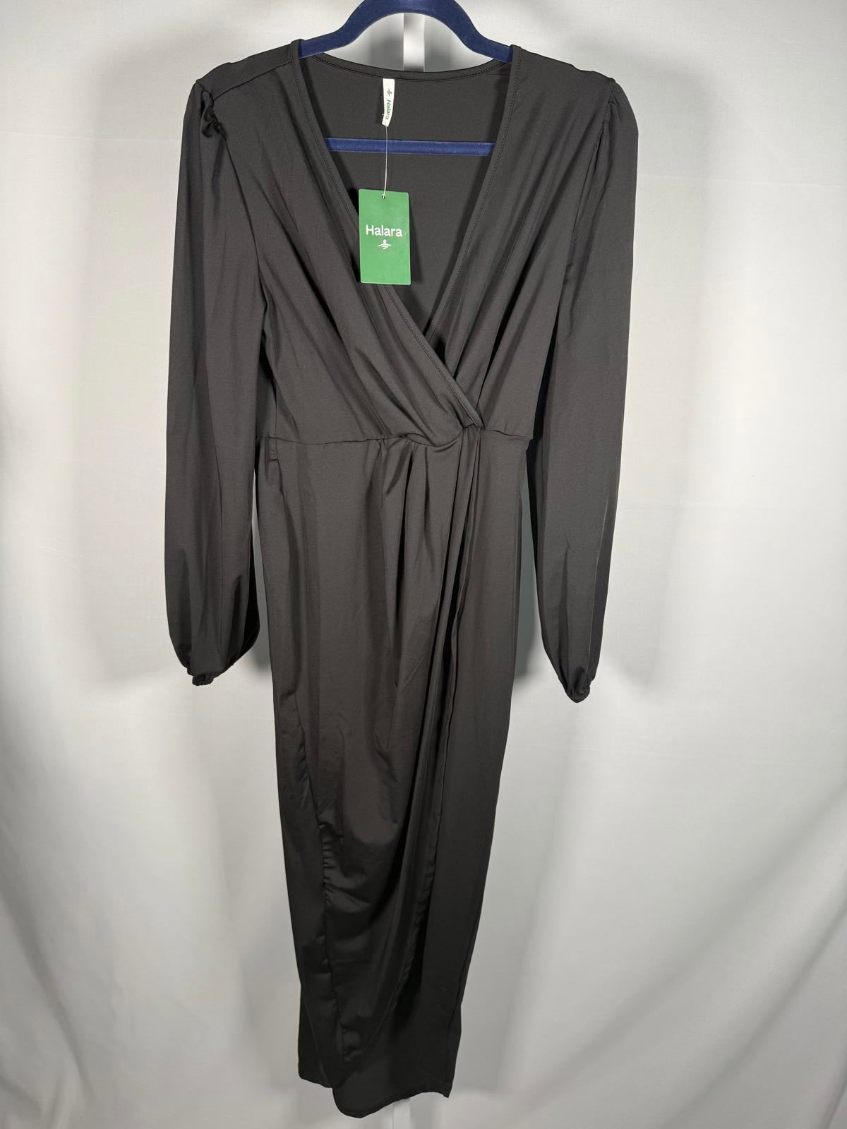 NWT Halara V Neck Long Sleeve Tulip Hem Midi Dress Black Size S