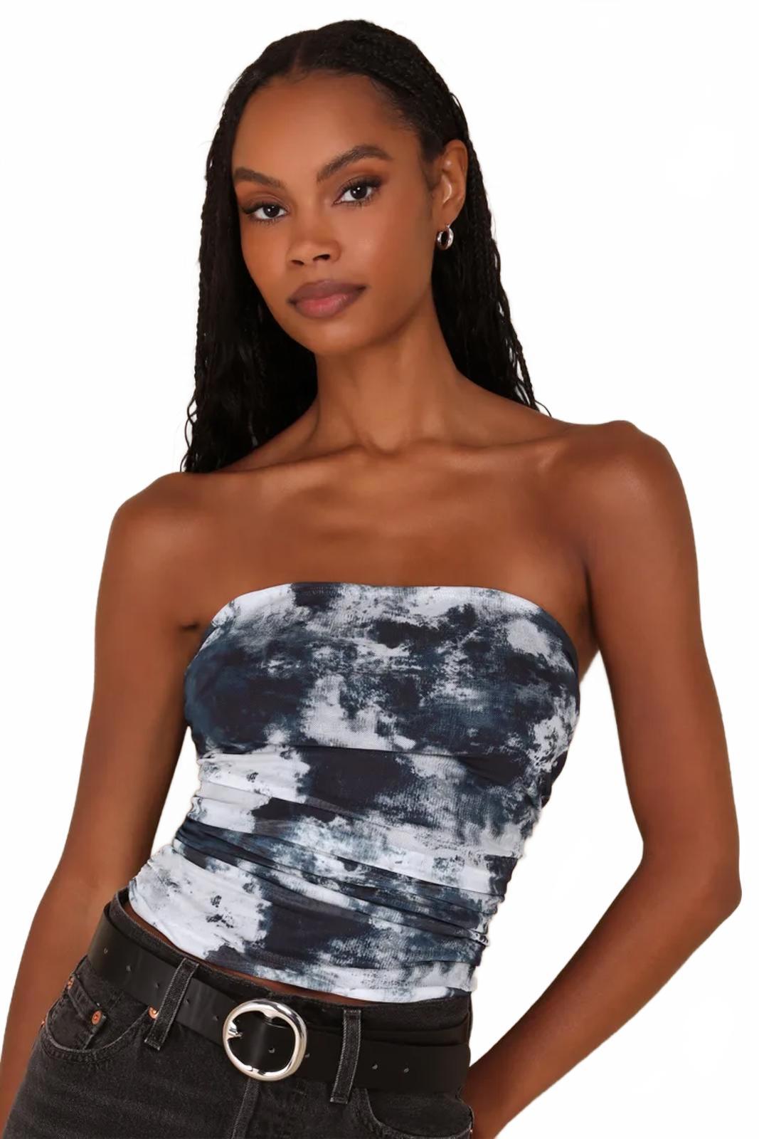 Lulus Flirty Focus Dark Blue Abstract Print Mesh Strapless Crop Top - XL