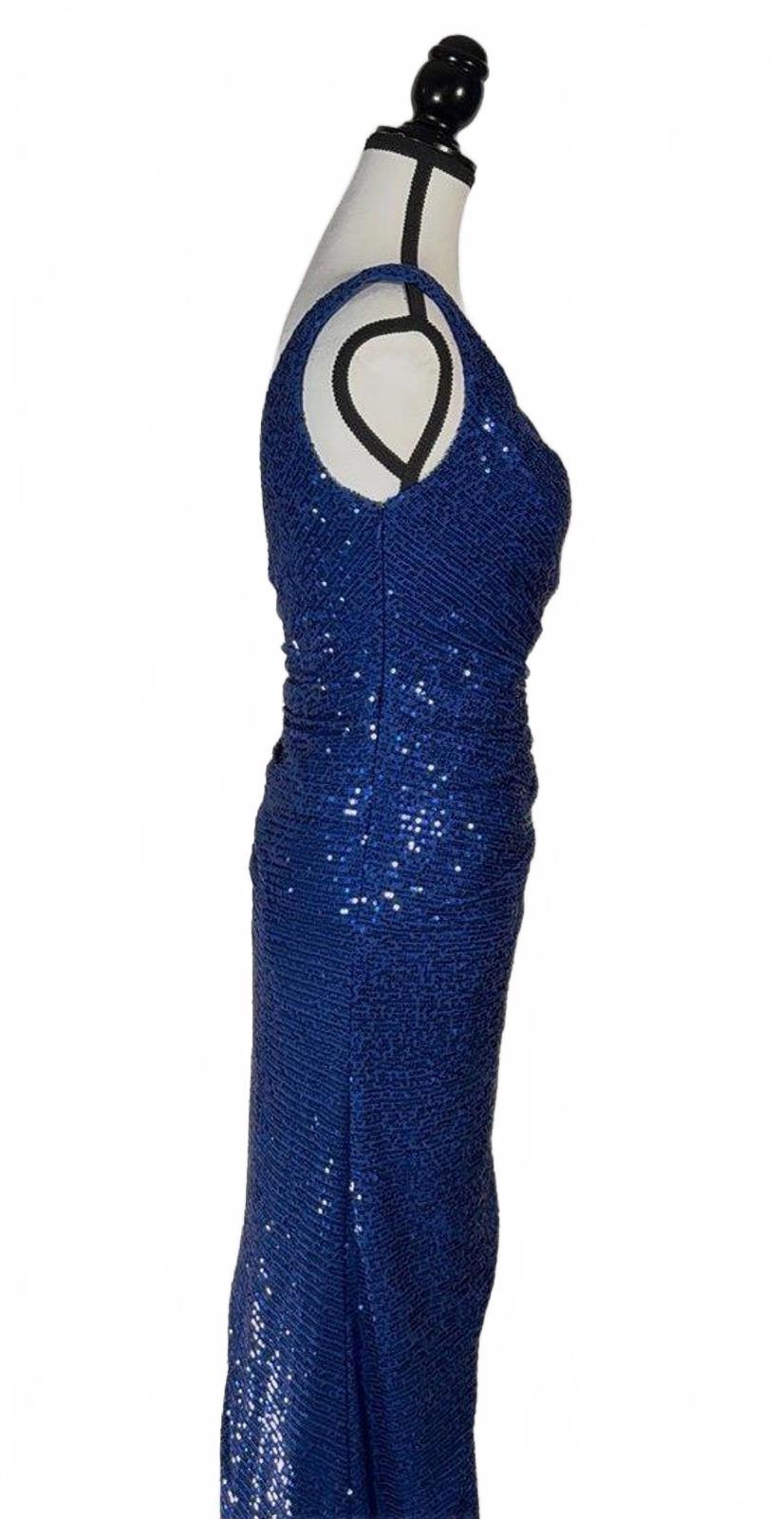 NWT Mac Duggal Blue Sequin Faux Wrap Formal Gown Asymmetrical Hem Size 4