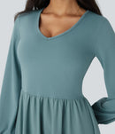 NWT Halara V Neck Bishop Long Sleeve Flare Midi Casual Dress Stone Blue Size L