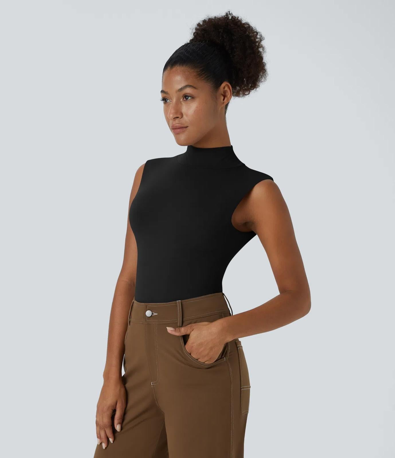 NWT Halara Stand Collar Sleeveless Plain Casual Bodysuit Black M