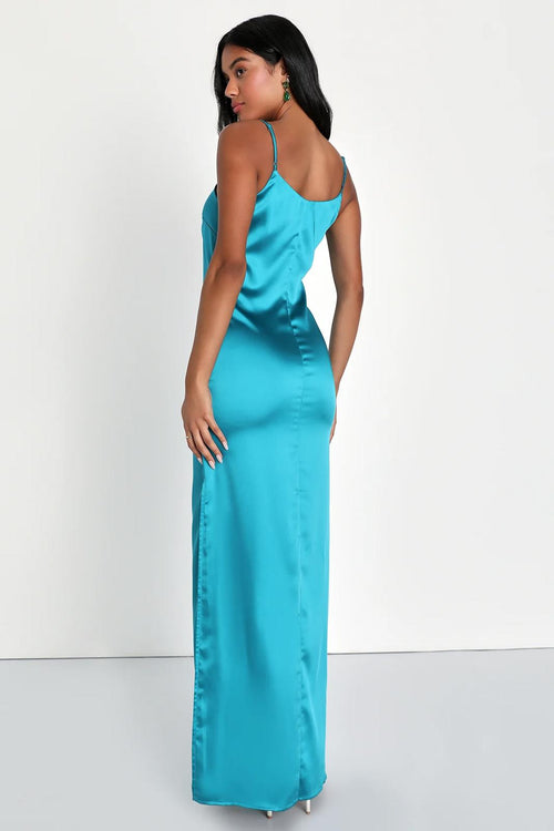 NWT Lulus Easy Radiance Teal Satin Slip Maxi Dress Size XS